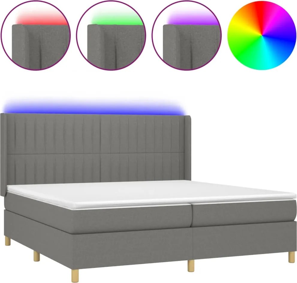 vidaXL sötétszürke szövet rugós és LED-es ágy matraccal 200x200 cm