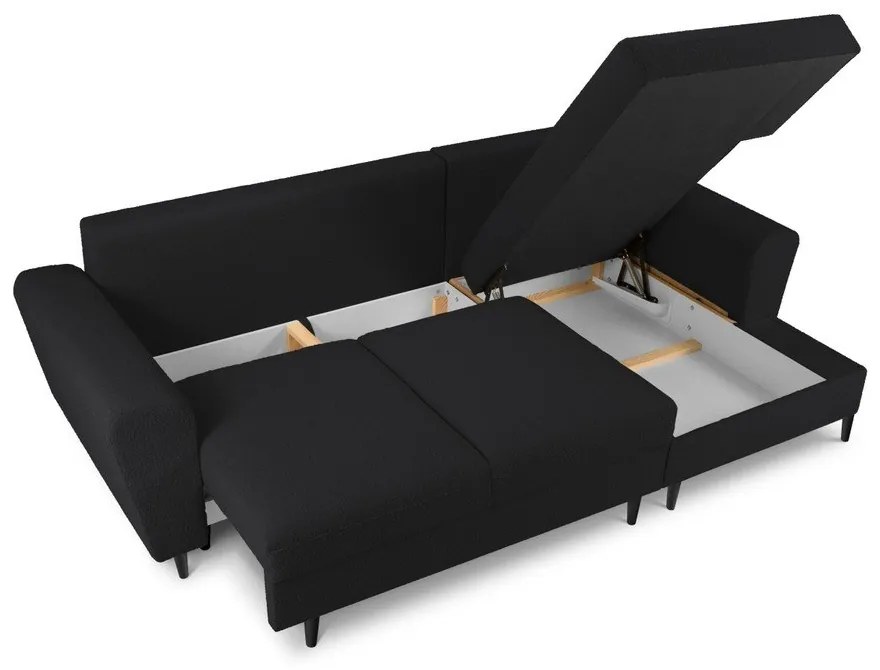 Fekete buklé kinyitható tárolóhelyes sarokkanapé (jobb oldali-heverő résszel) Kyoto – Cosmopolitan Design