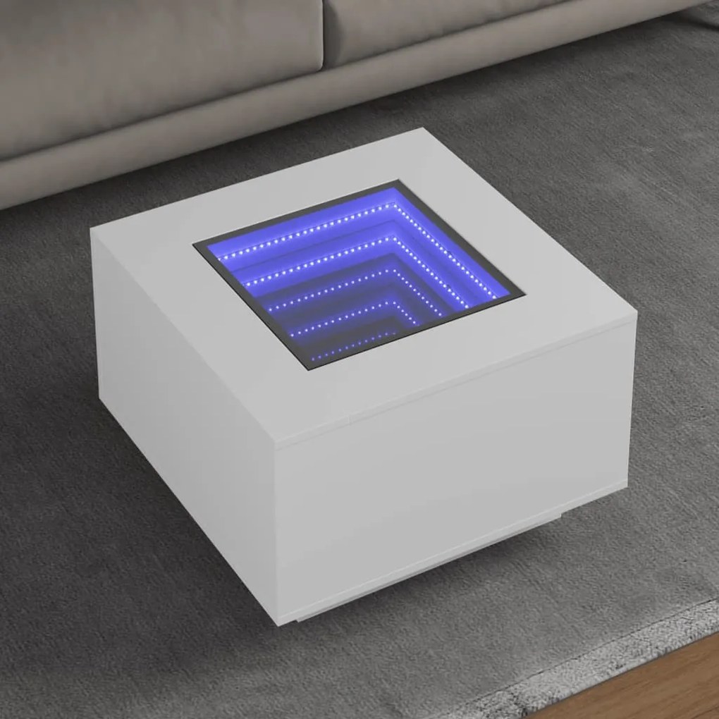 Fehér szerelt fa dohányzóasztal LED-lámpákkal 60 x 60 x 40 cm