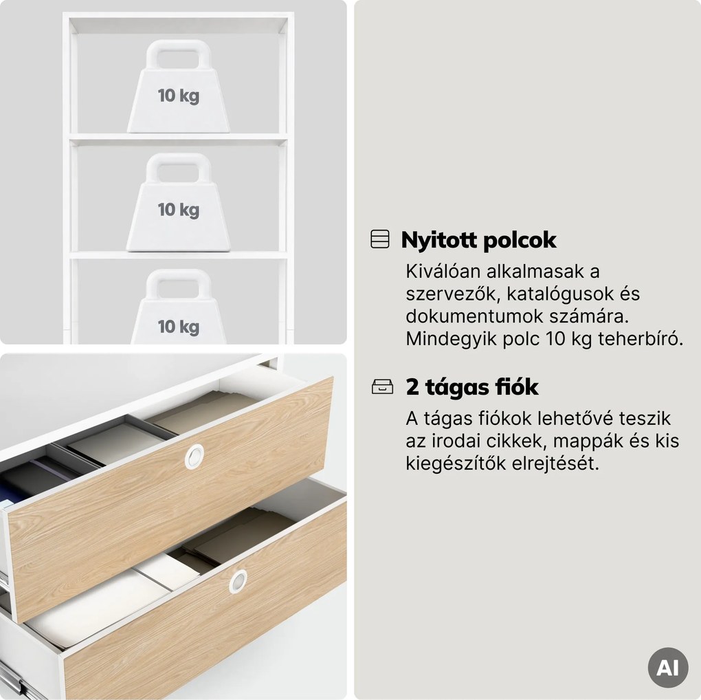 Polc fiókokkal irodába, iratrendezőkhöz és dokumentumokhoz, nyitott polcok, fém, fehér/sonoma tölgy, 800x2200x400 mm: ARIEL Eco Design