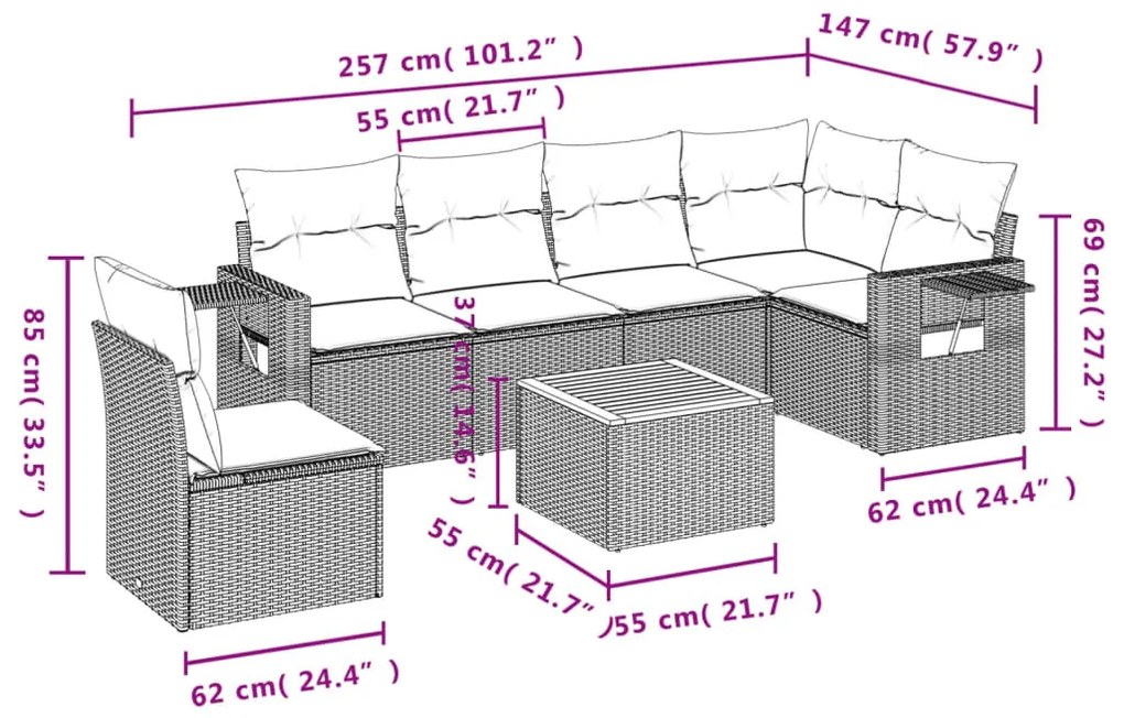 7 részes szürke polyrattan kerti ülőgarnitúra párnákkal