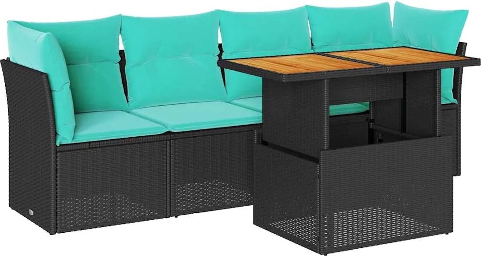 vidaXL 5 részes fekete polyrattan kerti kanapészett párnákkal