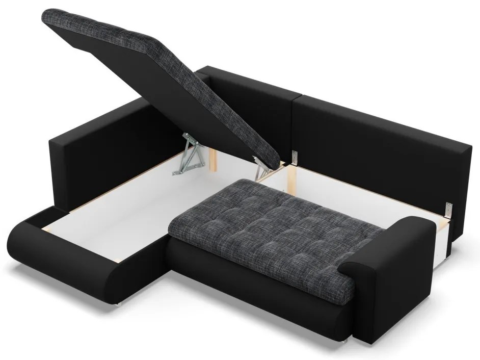 Tokio sarokkanapé, L alakú háttámlával, 2 ágyneműtartóval, fonott + műbőr, baloldali, szürke - fekete