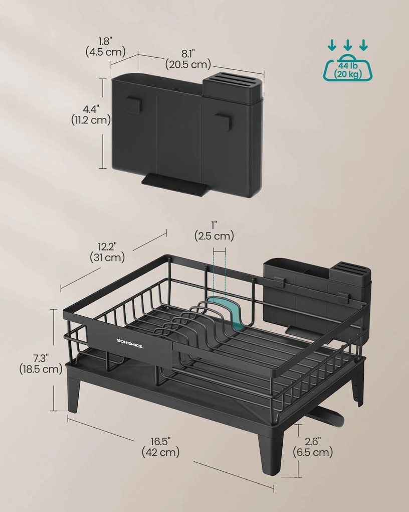 Edényszárító állvány, 360°-ban forgatható és kihúzható lefolyóval, fekete