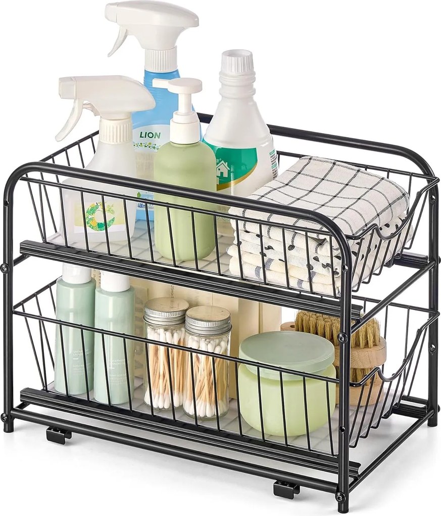 VASHOME konyhai rendező, 2 szintes egymásra helyezhető mosogató alatti rendszerező, fekete, 36x21x25-31cm