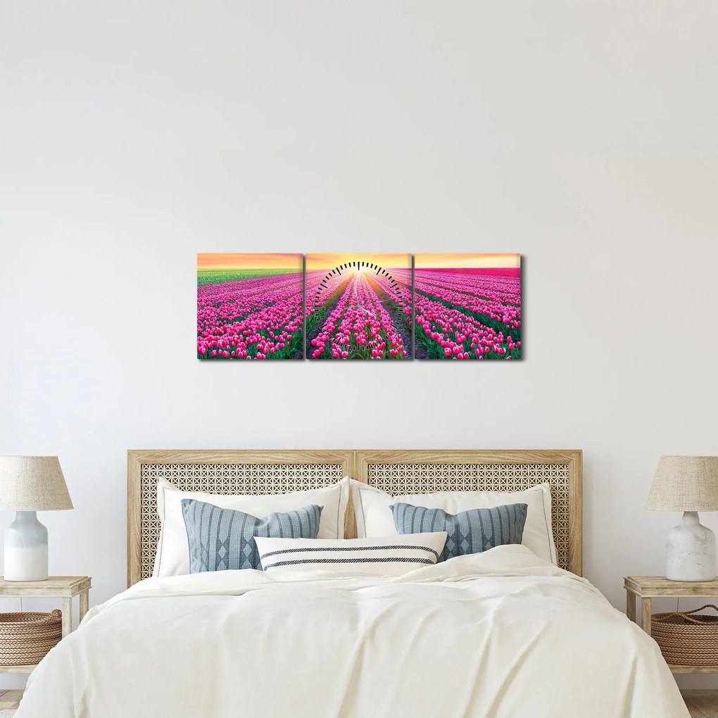 Tulipán mező és a nap képe (órával) (90x30 cm)