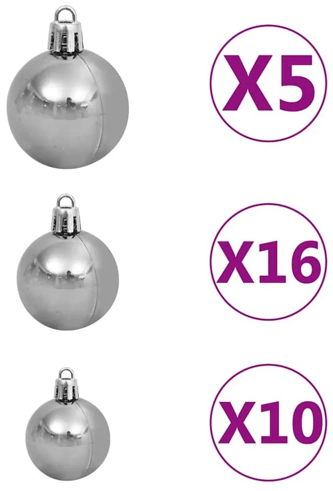 műkarácsonyfa 300 LED-del, gömbszettel és hópehellyel 180 cm