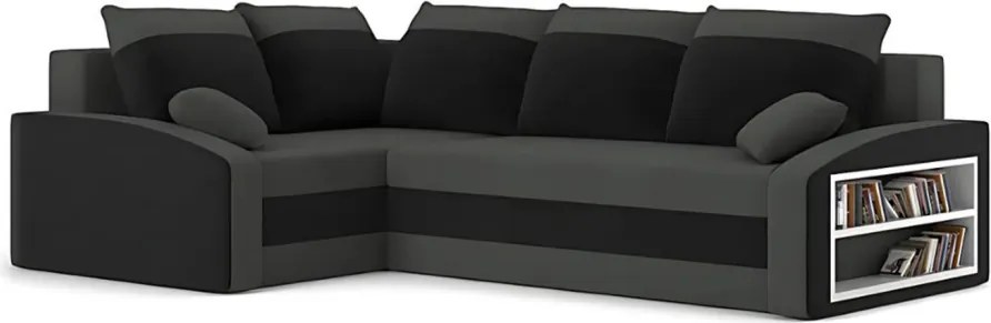 Grande sarokkanapé polcokkal , polc a jobb karfaban, baloldali, szövet anyag, hab töltet, szürke - fekete