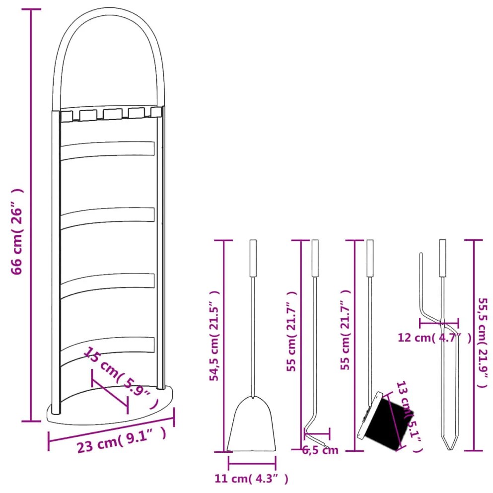 5 darabos acél kandallószerszám-készlet 23 x 15 x 66 cm