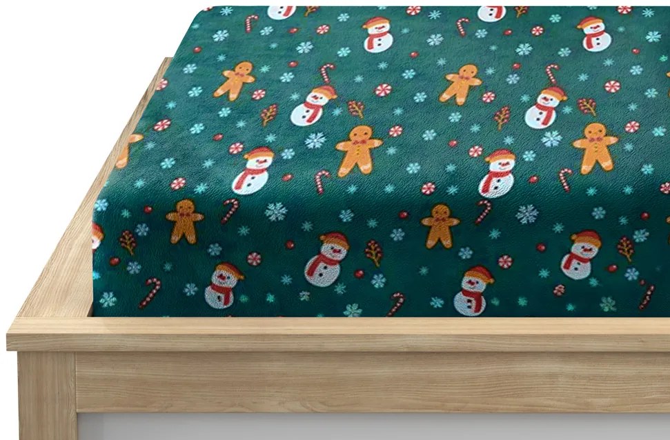 SNOWMAN AND GINGERBREAD 160x200 cm zöld mikroplüss lepedő
