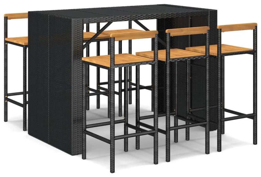 7 részes fekete polyrattan és tömör akácfa kerti bárszett