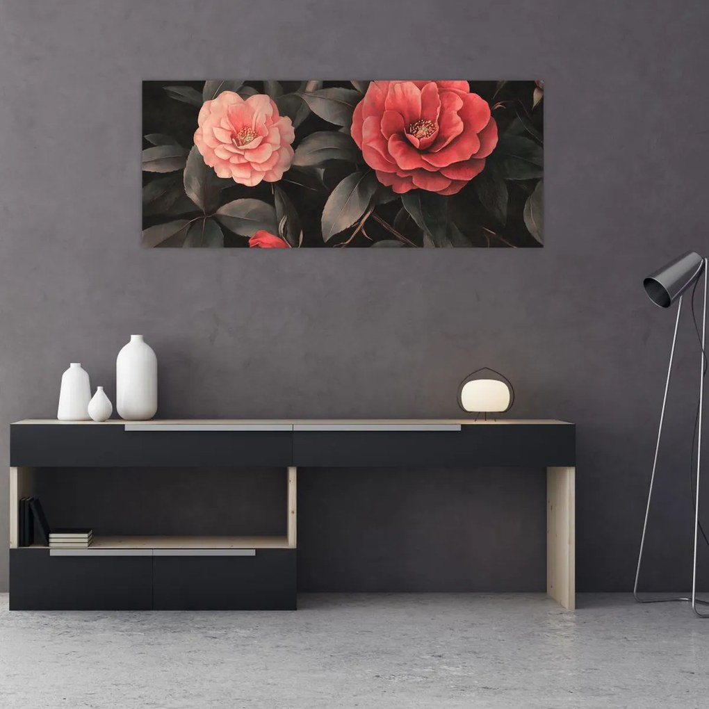 Kép - Vörös virágok sötét háttér előtt (120x50 cm)