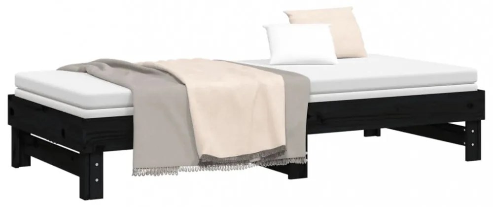 fekete tömör fenyőfa kihúzható kanapéágy 2x(100x200) cm