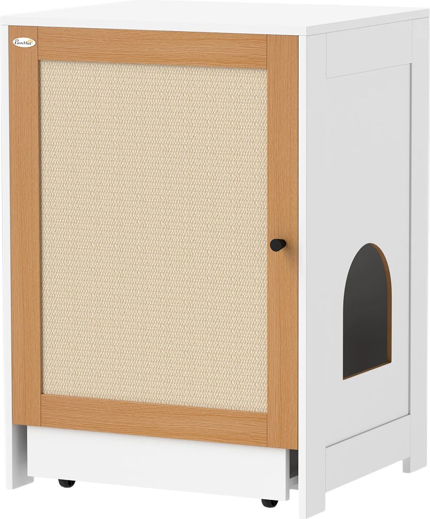 PawHut Macska WC Szekrény Húzható Tálcás Külön rekeszekkel, Kerekekkel és Kaparó Szőnyeggel - Belső Macska WC 57x50x80.5 cm Fehér és Tölgy | Aosom