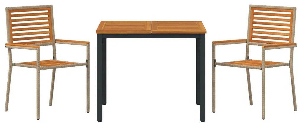 3 részes kerti étkezőszett Bézs poly rattan akáciából, Összecsukható kerti székek párnákkal - 2 darab Bézs poly rattanban, Kerti asztal 90x90x75 cm Szilárd akácia fa és fém