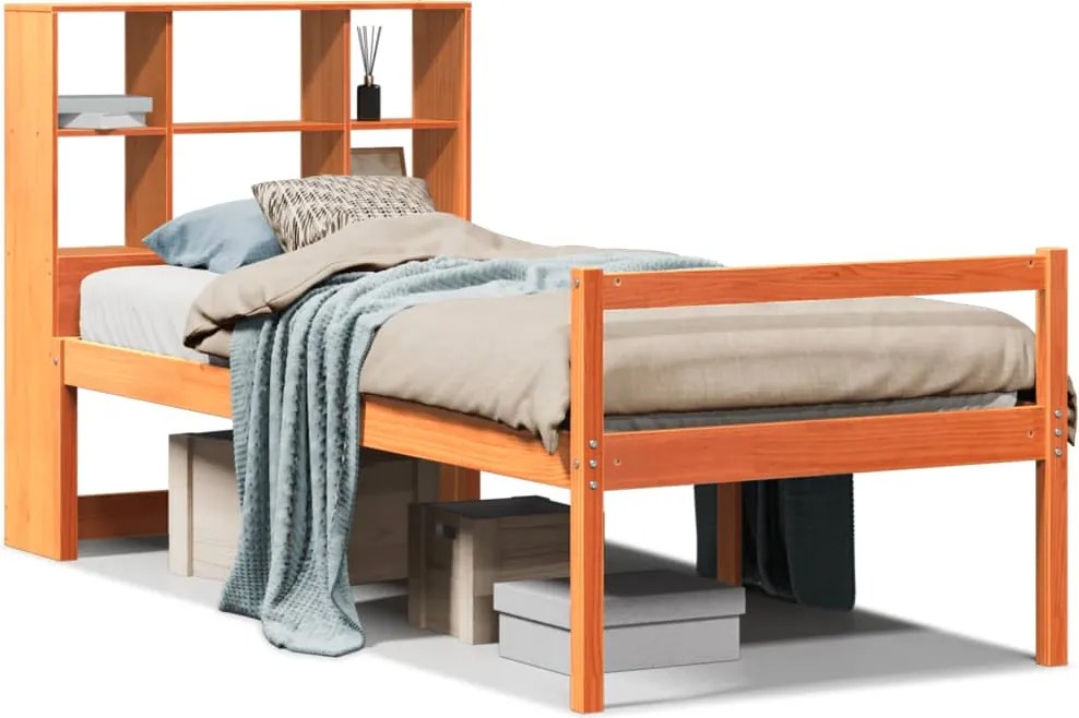 vidaXL viaszbarna tömör fa könyvespolcos ágy matrac nélkül 75 x 190 cm