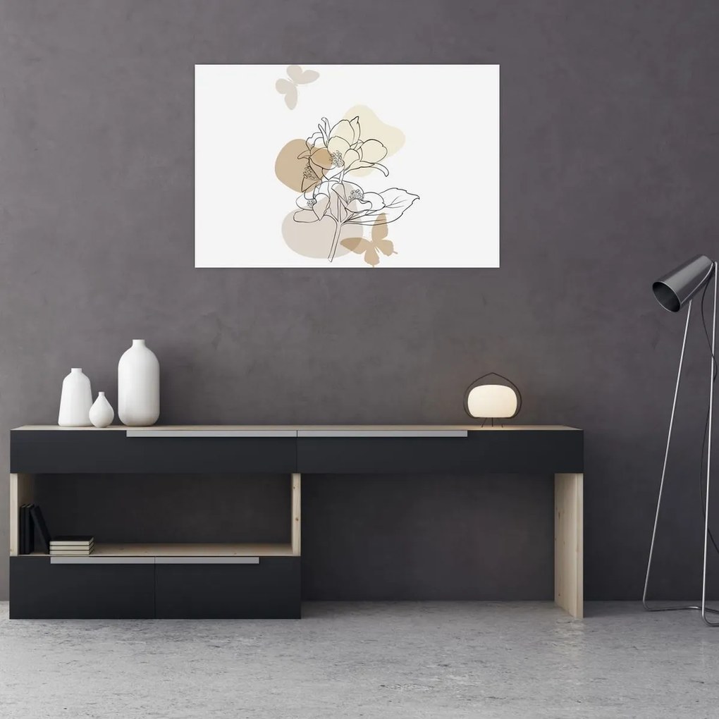 Kép - Bézs virágok pillangóval N⁰1 (90x60 cm)