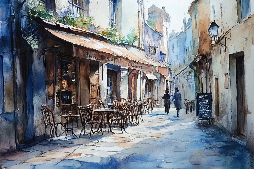 Vászonkép Canvas Párizsi Utca Kávézó Akvarell Tájkép 60x40