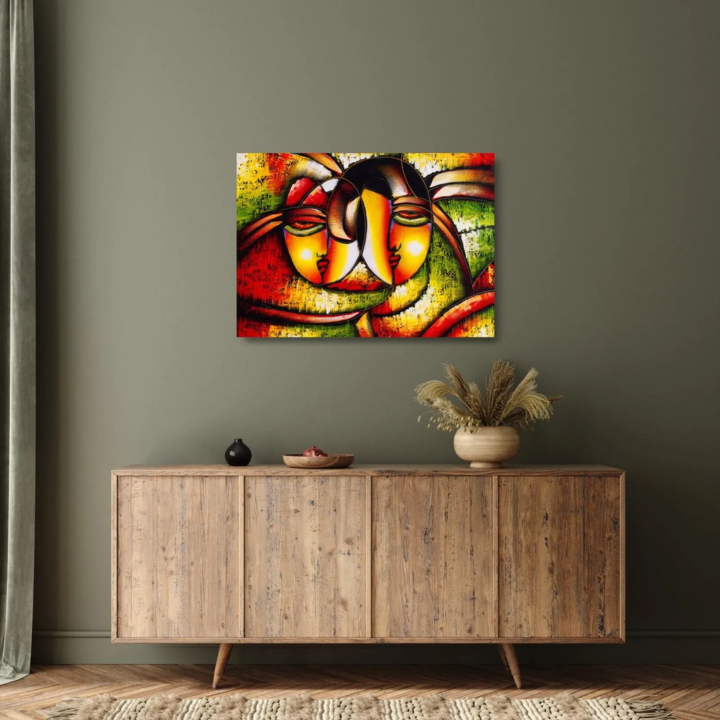 Kép - olajfestmény, absztrakt arcok (üvegen) (70x50 cm)