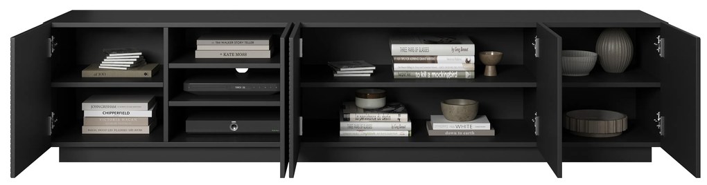 Asha RTV szekrény 200 cm bordázott előlapokkal – fekete matt