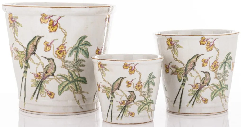 Törtfehér vintage szögletes porcelán 3db-os virágtartó kaspó szett kolibrikkel festve 12x13,5x13,5 / 17,5x16x16 / 21x23x23cm