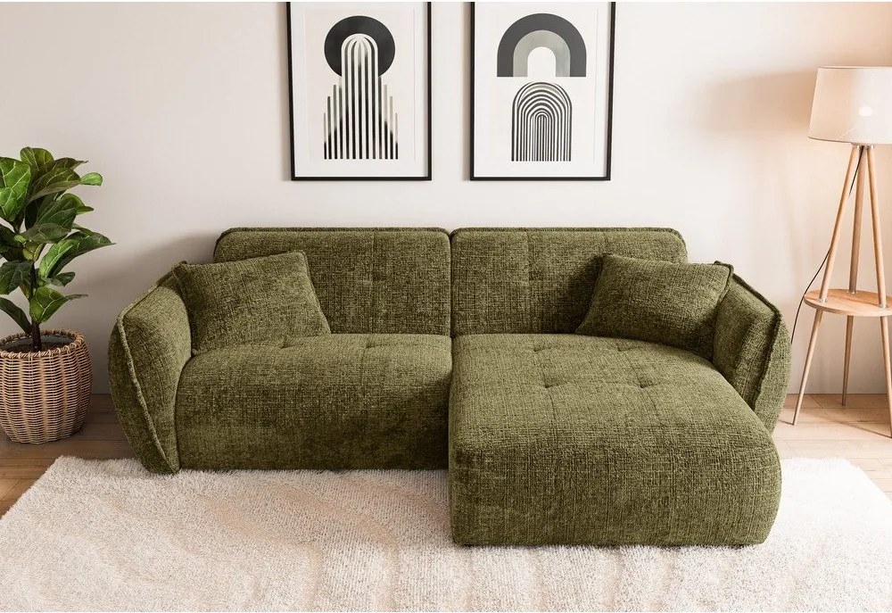 Zöld zsenília sarokkanapé (jobb oldali-heverő résszel) Nelia – Ropez