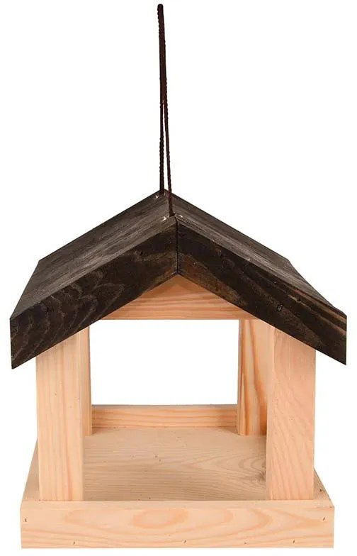 Felakasztható fa madáretető, fekete tetővel, 23 cm
