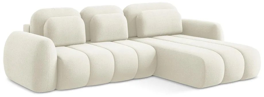 Bézs buklé kinyitható-tárolóhelyes sarokkanapé (jobb oldali-heverő résszel) Pele – Makamii