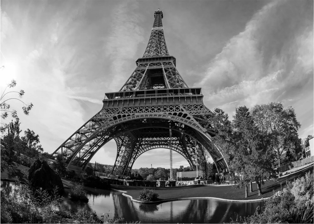 Üveg kép - Eiffel-torony, fekete-fehér (70x50 cm)
