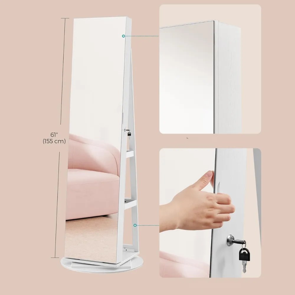 CHANTAL ékszertartós álló tükör, 54,5×54,5×162 cm, fehér SongmicsHome