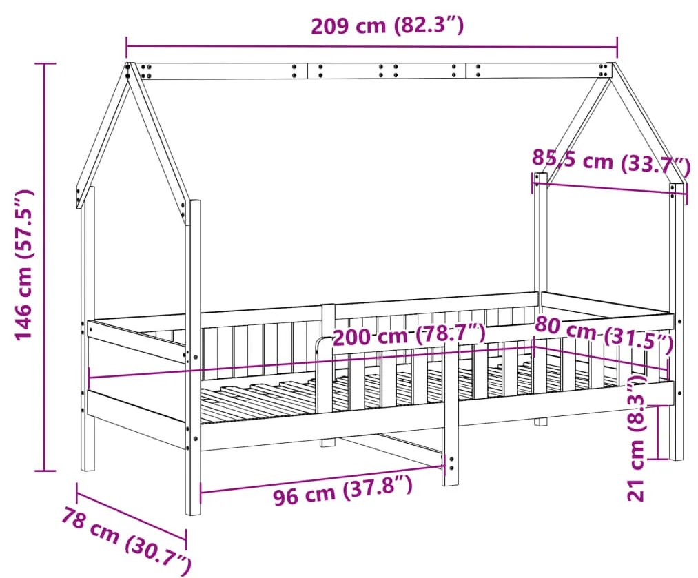 viaszbarna tömör fenyőfa házikó gyerekágykeret 80 x 200 cm