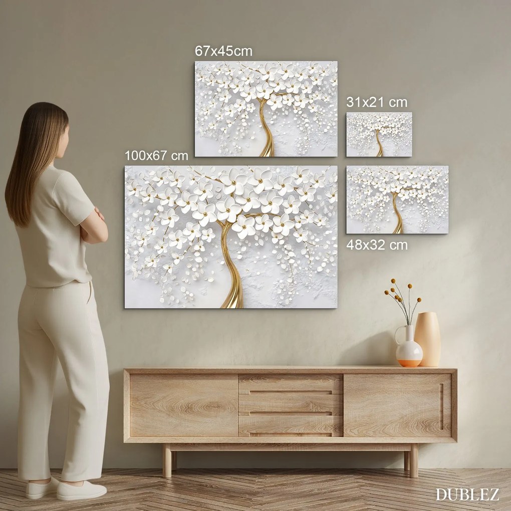DUBLEZ | Falikép fából – Arany fa fehér virágokkal