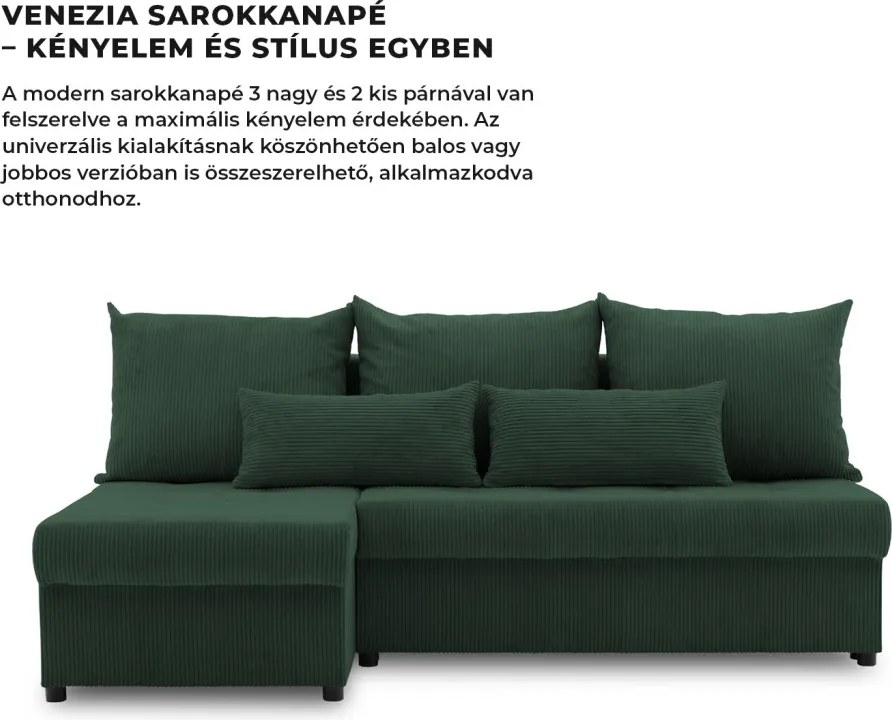 Venezia sarokkanapé, kordbársony, univerzális oldal, bonell töltet, zöld