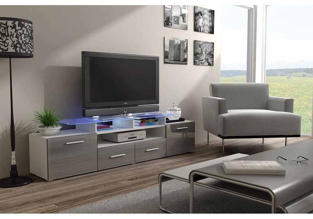 TV asztal + szekrény Blaise (fehér + fényes szürke) (fehér LED világítás). 1058809