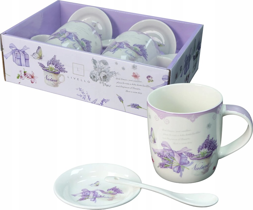 2 db-os porcelán bögre szett ajándék 340 ml Livello csészealj kanál levendula