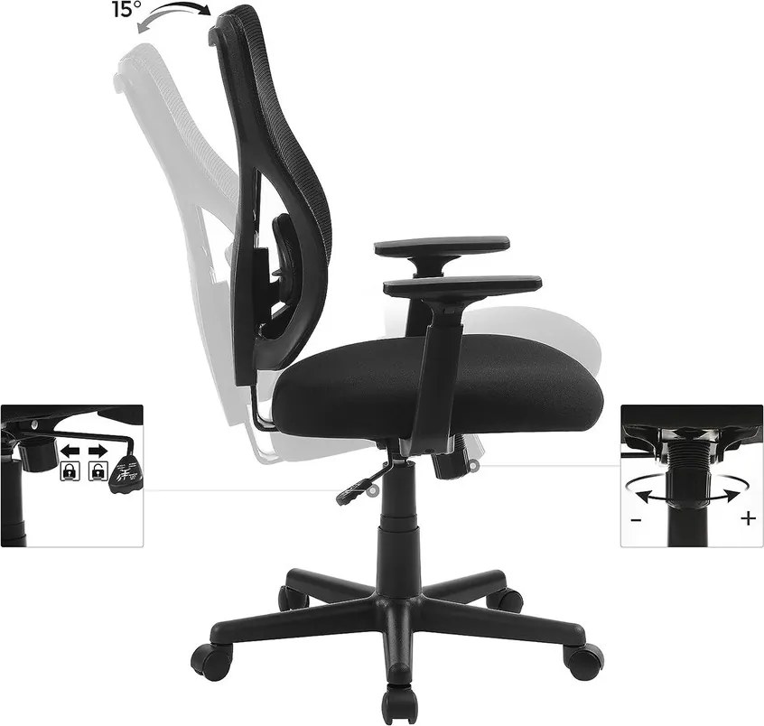 SONGMICS hálós irodai szék, ergonomikus forgószék, fekete