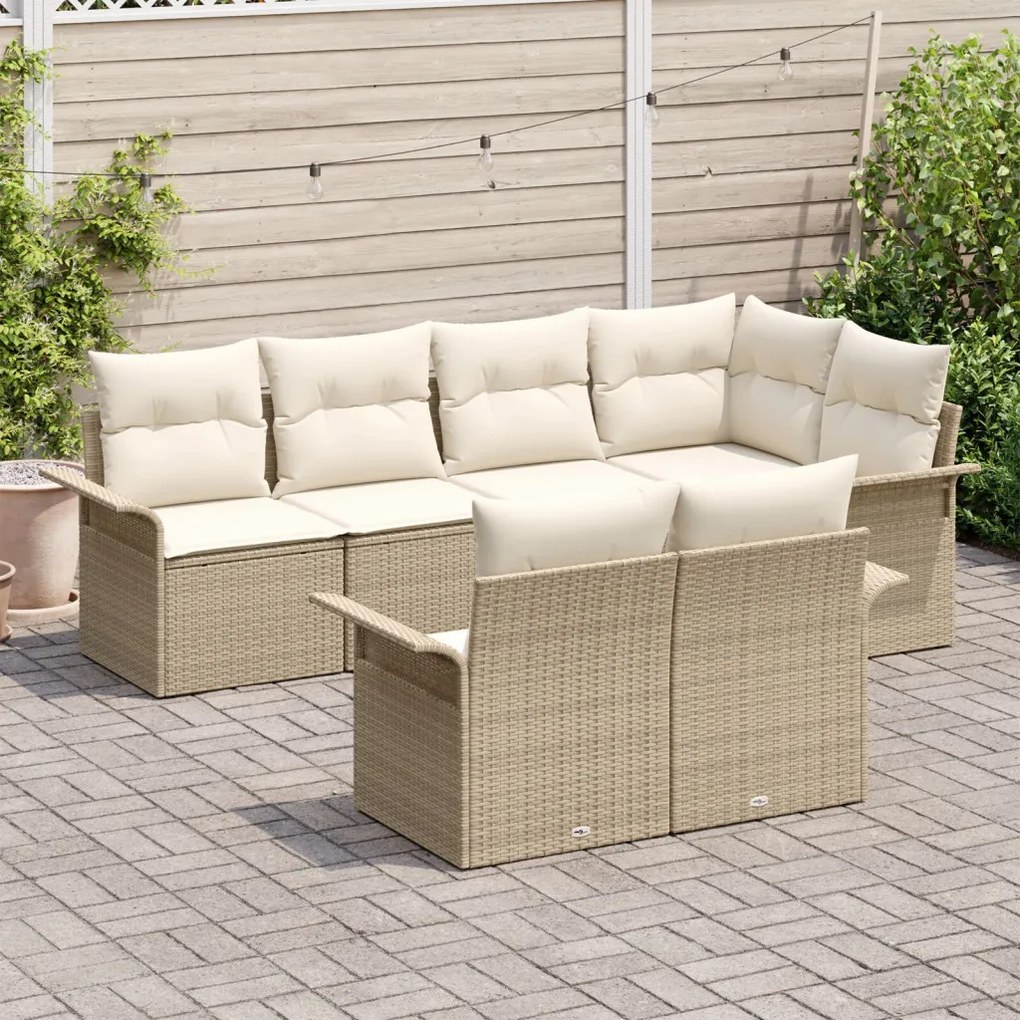 7 Részes Kert Sofa Szett Párnákkal Bézs Poli Rattan, 2-Személyes Kert Sofa Tárolóval és Párnákkal Bézs Poli Rattan