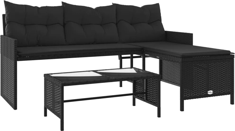vidaXL L-alakú fekete polyrattan kerti kanapé asztallal és párnával