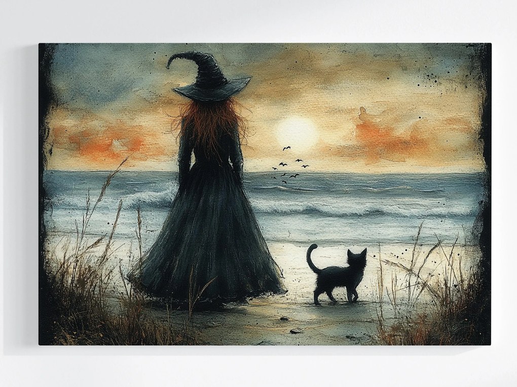 Vászonkép Canvas Boszorkány Macska Naplemente Rejtély Tengerpart 60x40
