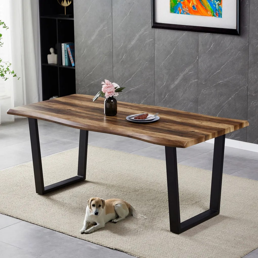 Masă de sufragerie, 180x90x75 cm, blat MDF, decor lemn învechit, picioare metalice in forma de U