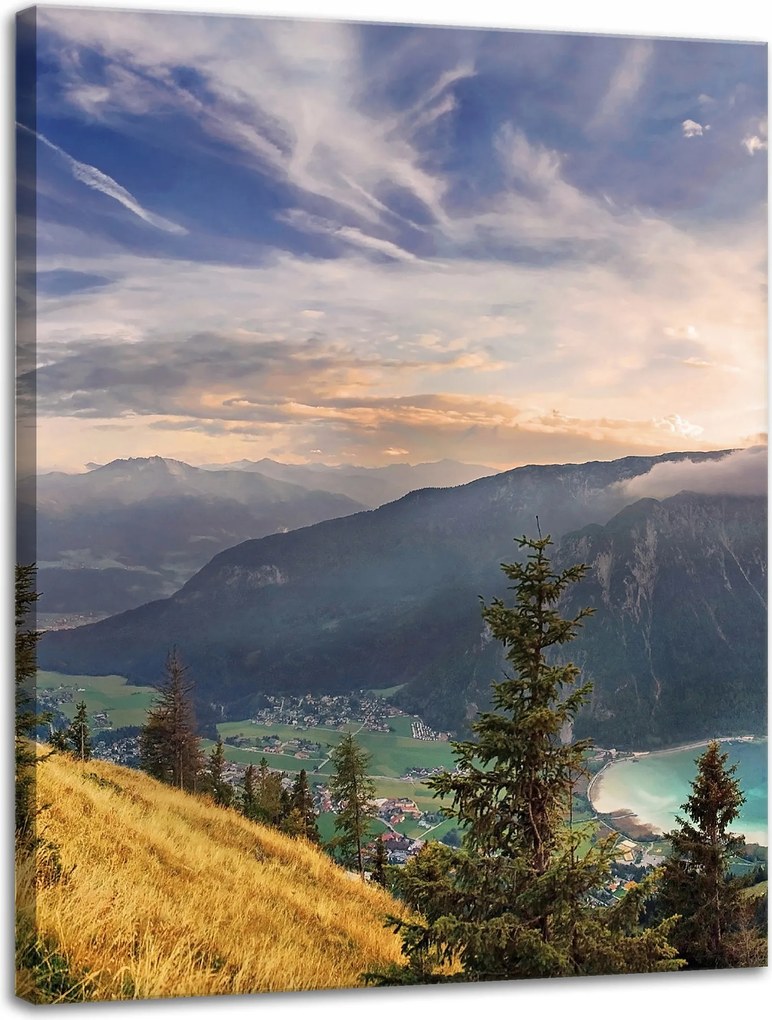 Vászonkép Nap a hegyek felett Felhők Falu 30x40 cm