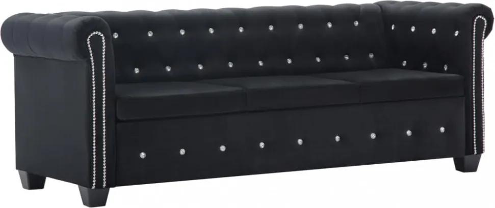 Fekete 3 személyes bársony chesterfield kanapé 199 x 75 x 72 cm