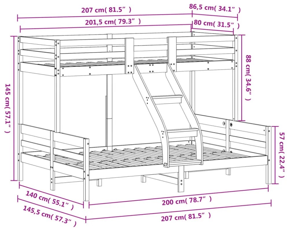 fehér tömör fenyőfa emeletes ágy 80 x 200/140 x 200 cm