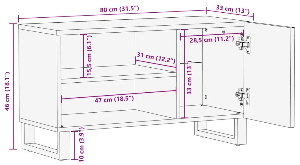 TV Szekrény - 80x31.5x46 cm Tömör Mangó és Mérnöki Fa