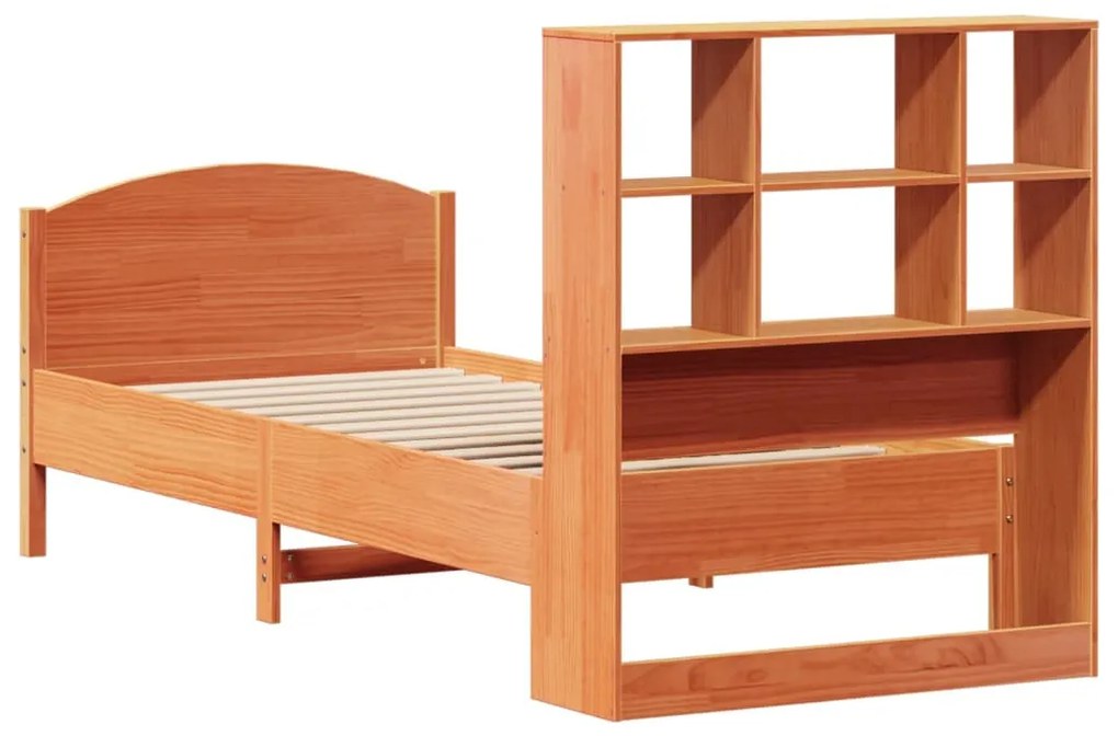 barna tömör fenyőfa könyvespolcos ágy matrac nélkül 100 x 200cm