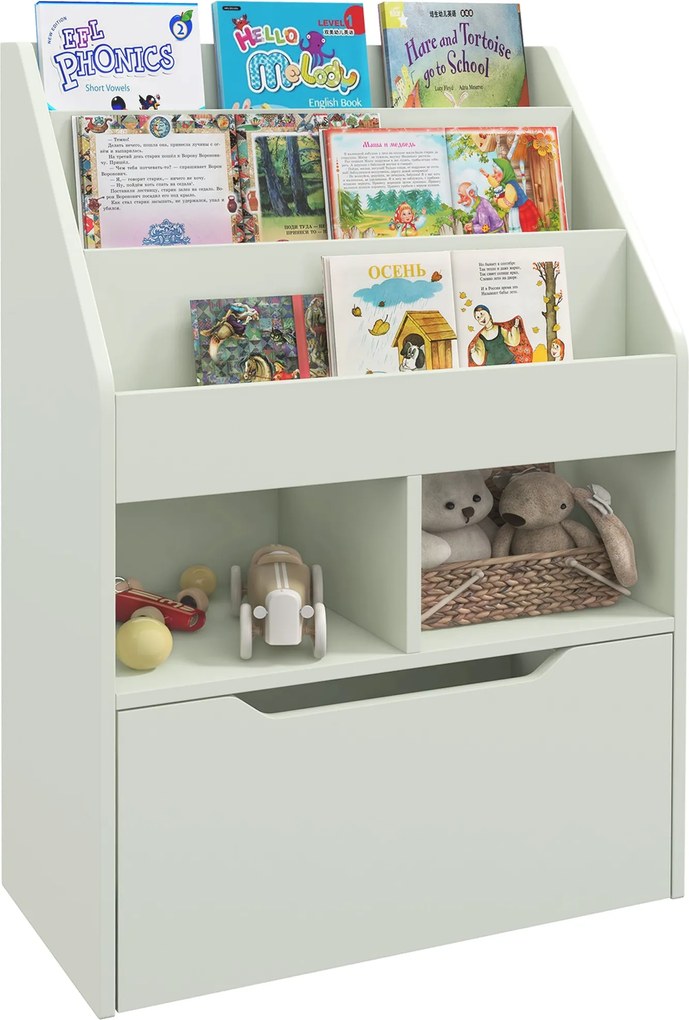 HOMCOM Gyerek Könyvespolc Gyerekpolc Fiókkal, 3 Polc és 2 Nyitott Polc, Tárolószekrény Gyerekek Szobájába, Játszószobába, Világos Zöld, 60 x 29,9 x 90