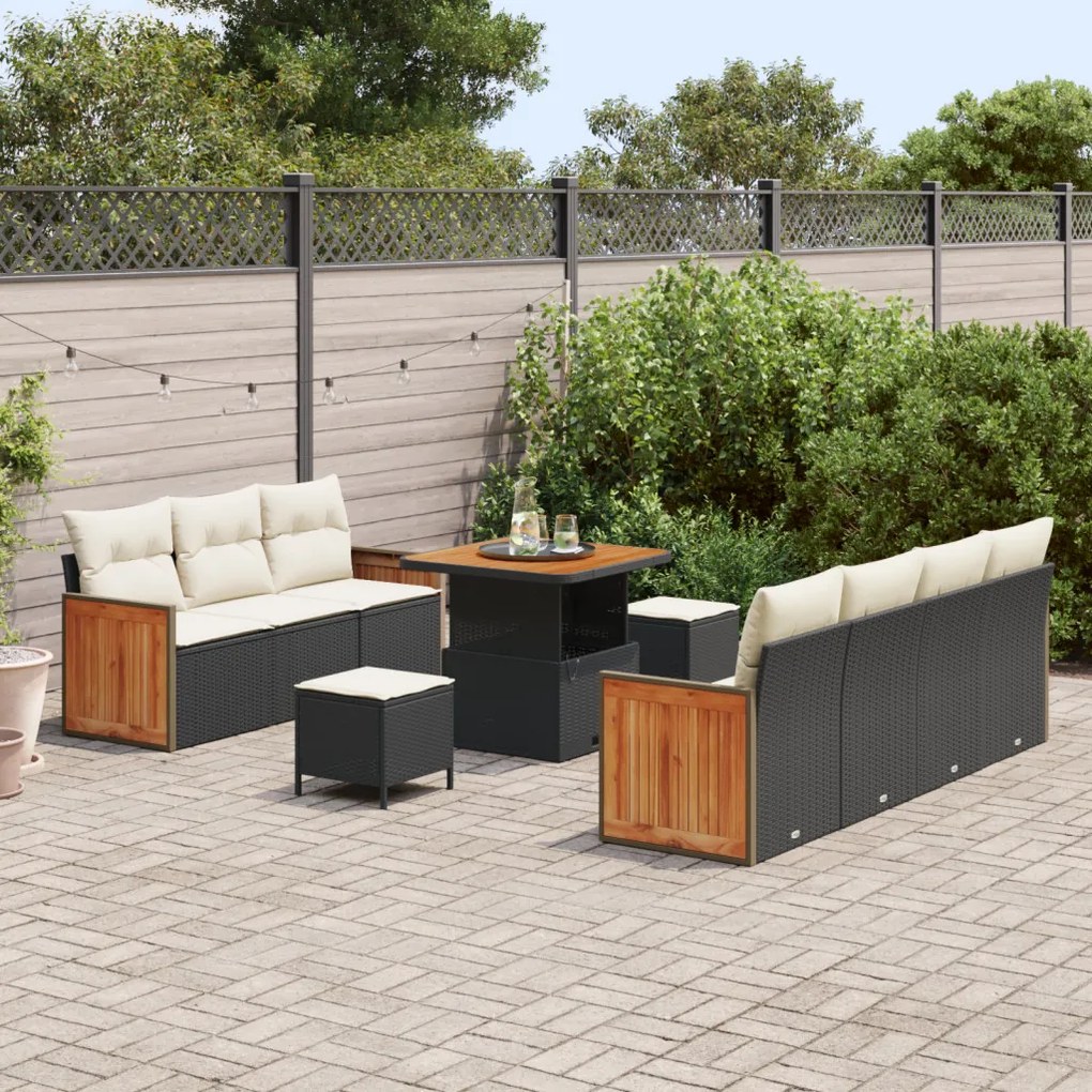 10 darabos Kerti Sofa Szett Párnákkal Fekete Poli Rattan Akáciából