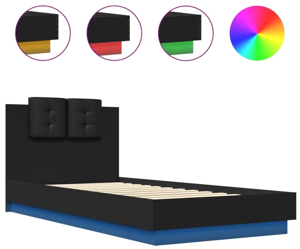 fekete ágykeret fejtámlával és LED-világítással 100 x 200 cm