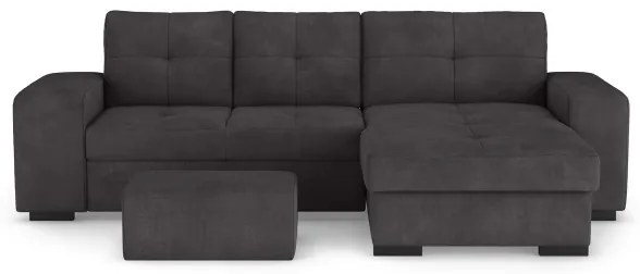 PALERMO jobbos, fekete kihúzható kanapé tárolóval és puffal