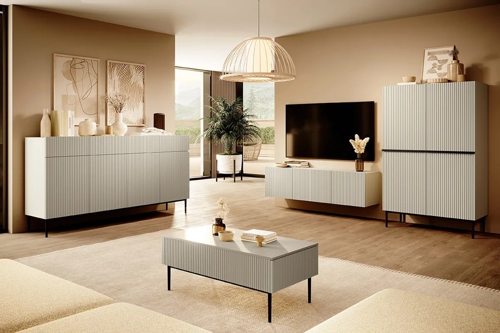 Nicole komód 200 cm, négyajtós, fiókos, bordázott előlap - kasmír / fekete lábak